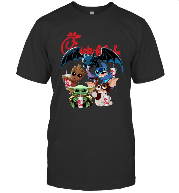 Chick Fil A Mashup Baby Yoda Baby Groot Toothless Stitch Gizmo Men's T-Shirt - kambletee