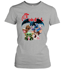 Chick Fil A Mashup Baby Yoda Baby Groot Toothless Stitch Gizmo Women's T-Shirt - kambletee