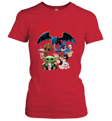 Chick Fil A Mashup Baby Yoda Baby Groot Toothless Stitch Gizmo Women's T-Shirt - kambletee