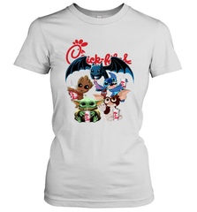 Chick Fil A Mashup Baby Yoda Baby Groot Toothless Stitch Gizmo Women's T-Shirt - kambletee
