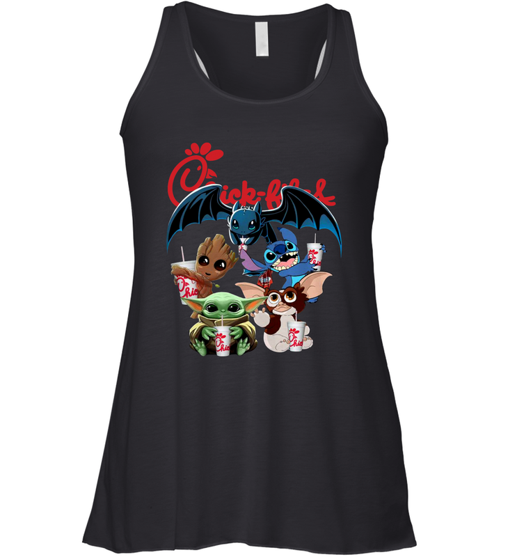 Chick Fil A Mashup Baby Yoda Baby Groot Toothless Stitch Gizmo Racerback Tank - kambletee