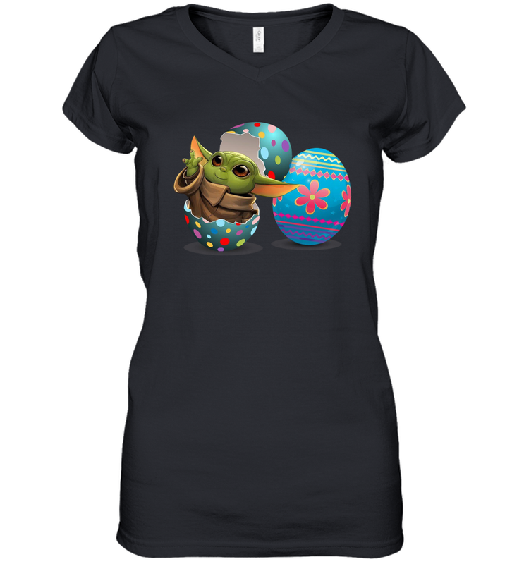 Easter Eggs Baby Yoda Women's V-Neck - kambletee