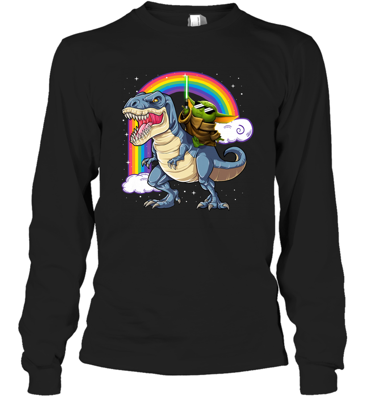 Star Wars Baby Yoda riding Dinosaur rainbow Long Sleeve T-Shirt - kambletee